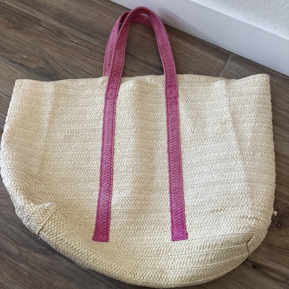 Mark And Graham Straw Bag Pink And Cream Embroidered V/R 22" x 18" - Picture 2 of 8